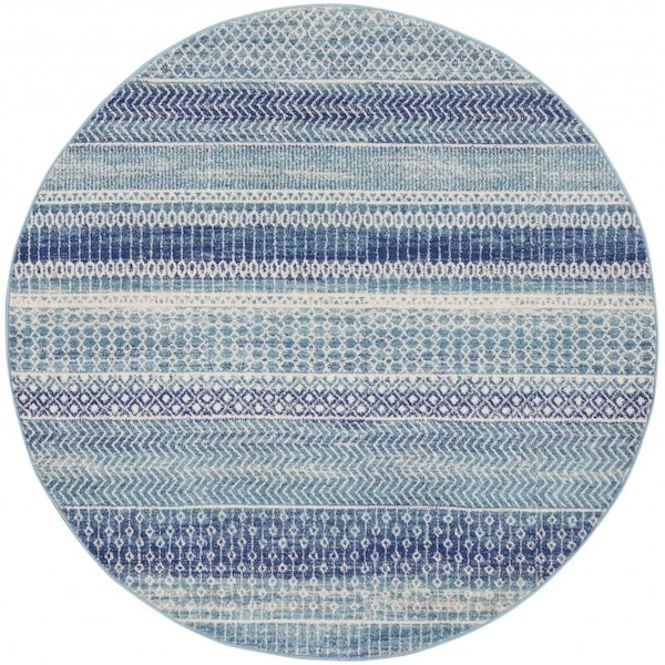 Homeroots 5 ft. Round Navy Blue Ornate Stripes Area Rug 385599 - main